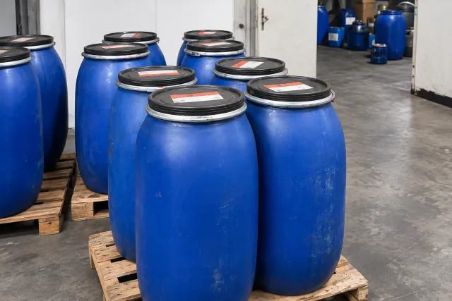 sealed coating drums on pallets in the materials store