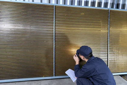 inspector checking a coated coil against the specification sheet