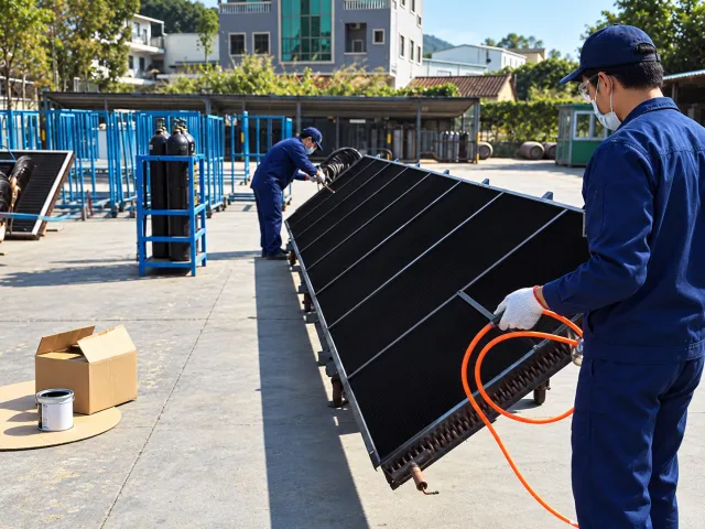 technicians coating a large coil outdoors from a hose-fed applicator