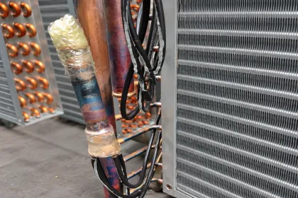 refrigerant connection masked with film and tape before coating