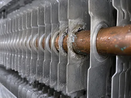 corroded fin collars on a refrigeration evaporator