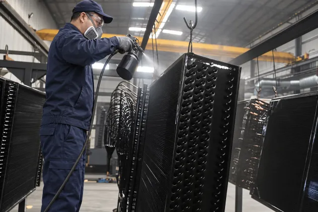 operator spray coating a hanging finned coil
